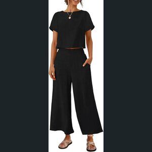 Two-piece Linen Short Sleeve Crop Top and Wide Leg Pants Lounge Set